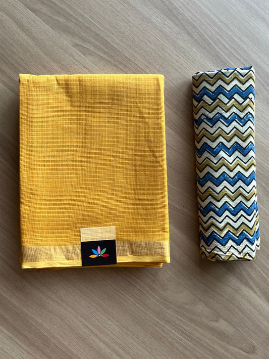 Zari Border Plain Kota Cotton Saree Paired with Contrast Blouse-20088