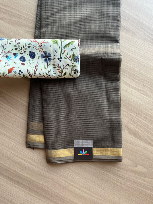 Zari Border Plain Kota Cotton Saree Paired with Contrast Blouse-20089