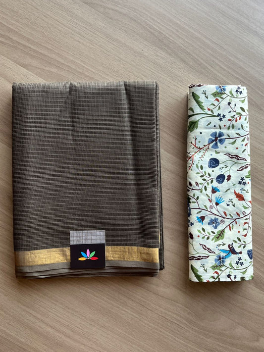 Zari Border Plain Kota Cotton Saree Paired with Contrast Blouse-20089