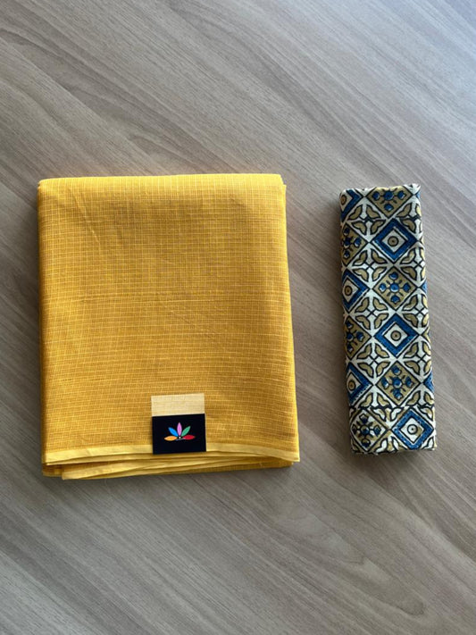 Plain Kota Cotton Saree Paired with Contrast Blouse-20122