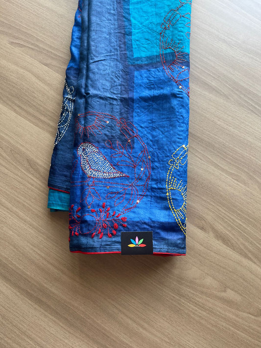 Handcrafted with Block Printed and Kantha Stitch Pure Tussar Silk Saree -20170