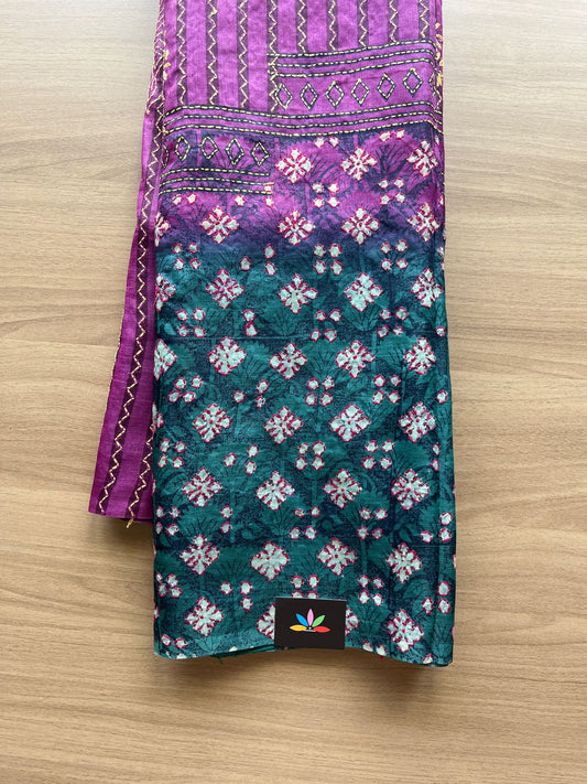 Handcrafted with Block Printed and Kantha Stitch Pure Tussar Silk Saree -20171