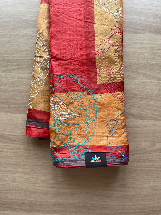 Handcrafted with Block Printed and Kantha Stitch Pure Tussar Silk Saree -20172