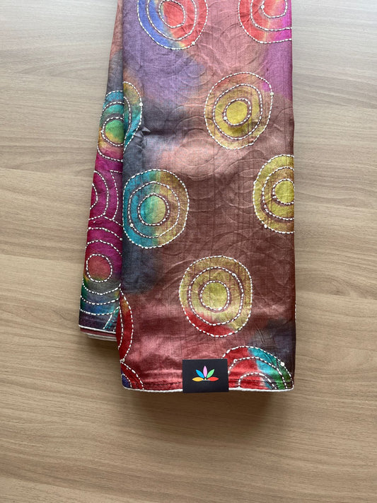 Handcrafted with Block Printed and Kantha Stitch Pure Tussar Silk Saree -20173