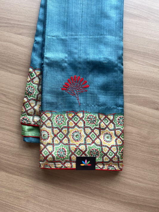 Handcrafted with Block Printed and Kantha Stitch Pure Tussar Silk Saree -20174