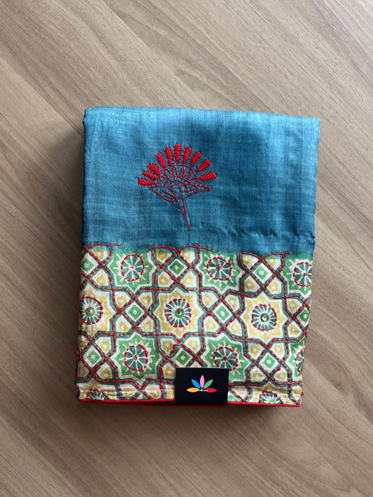 Handcrafted with Block Printed and Kantha Stitch Pure Tussar Silk Saree -20174