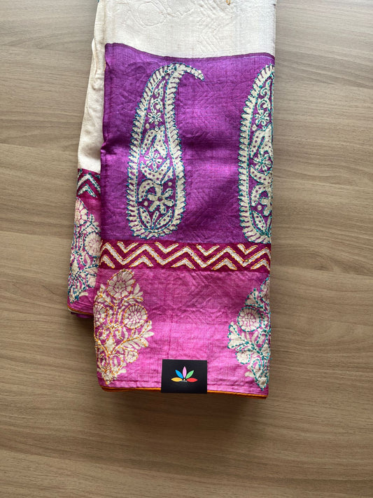 Handcrafted with Block Printed and Kantha Stitch Pure Tussar Silk Saree -20176