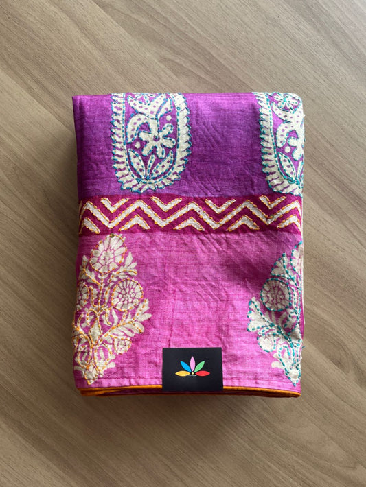 Handcrafted with Block Printed and Kantha Stitch Pure Tussar Silk Saree -20176