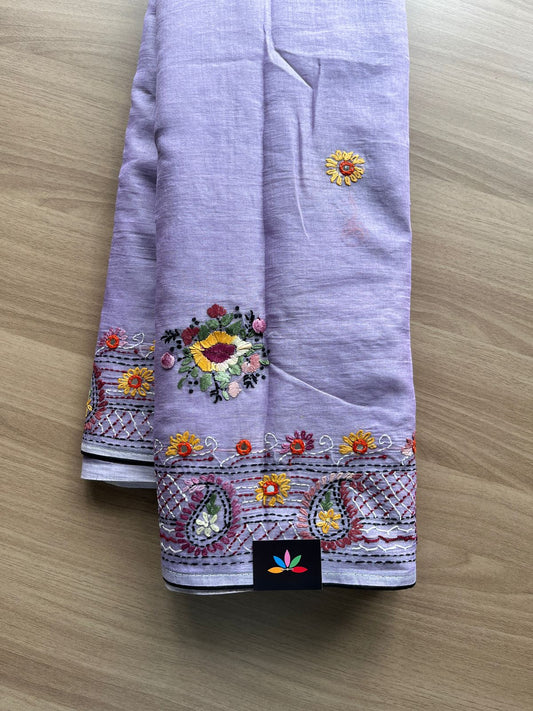 Hand Embroidered Lambani Cotton Silk Saree Without Border-20423