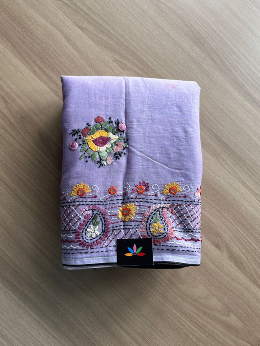 Hand Embroidered Lambani Cotton Silk Saree Without Border-20423