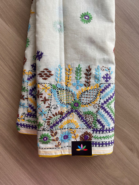 Hand Embroidered Lambani Cotton Silk Saree Without Border -20424