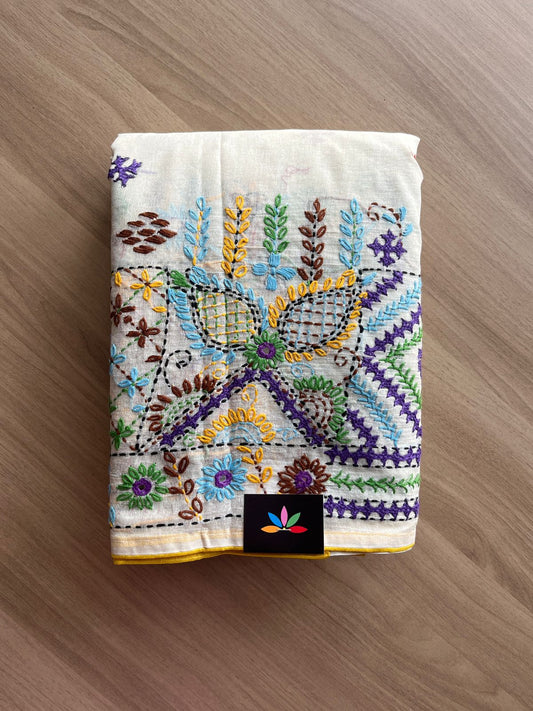 Hand Embroidered Lambani Cotton Silk Saree Without Border -20424