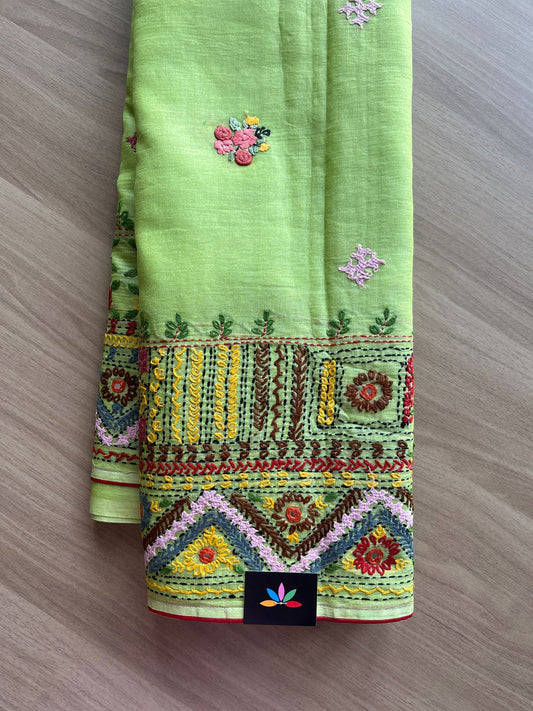 Hand Embroidered Lambani Cotton Silk Saree Without Border -20425