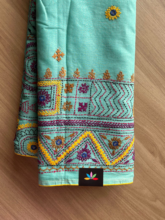 Hand Embroidered Lambani Cotton Silk Saree Without Border -20426
