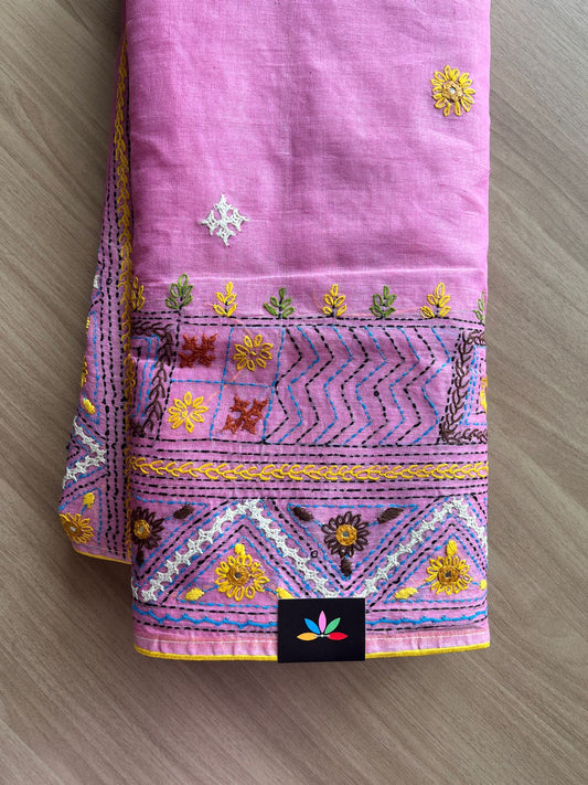 Hand Embroidered Lambani Cotton Silk Saree Without Border-20427