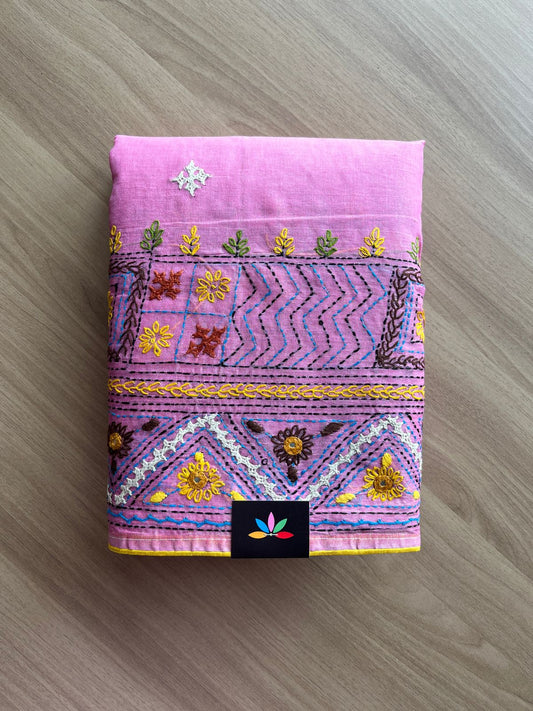 Hand Embroidered Lambani Cotton Silk Saree Without Border-20427