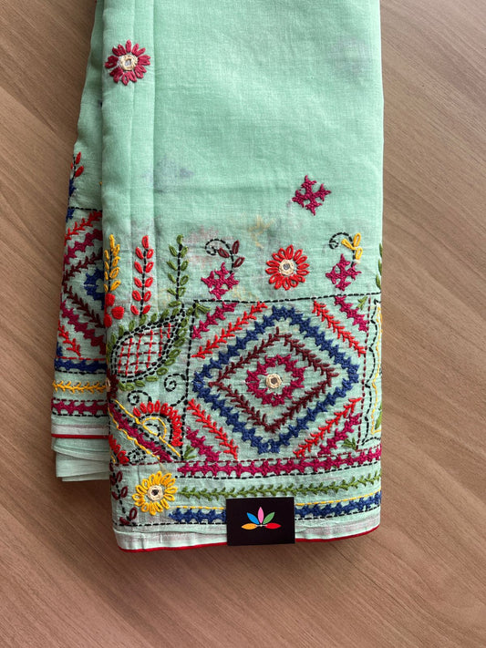 Hand Embroidered Lambani Cotton Silk Saree Without Border -20428