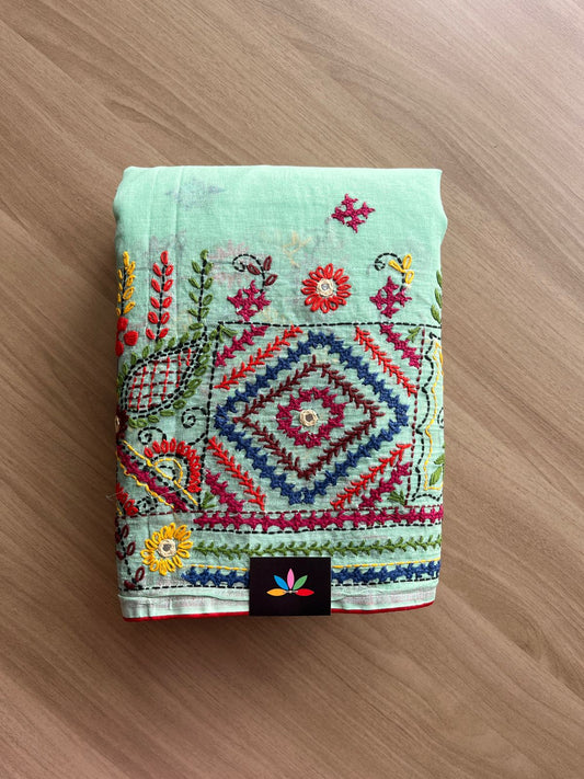 Hand Embroidered Lambani Cotton Silk Saree Without Border -20428