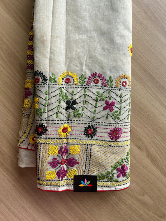 Hand Embroidered Lambani Cotton Silk Saree Without Border-20429