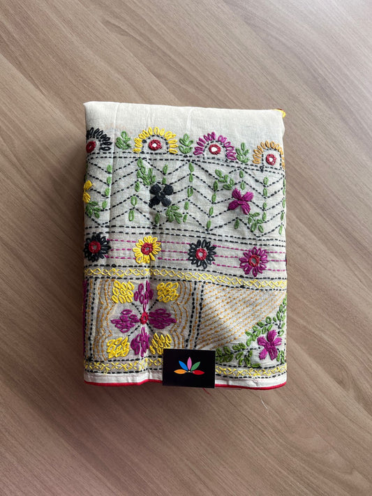 Hand Embroidered Lambani Cotton Silk Saree Without Border-20429