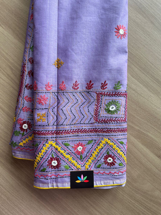 Hand Embroidered Lambani Cotton Silk Saree Without Border-20430