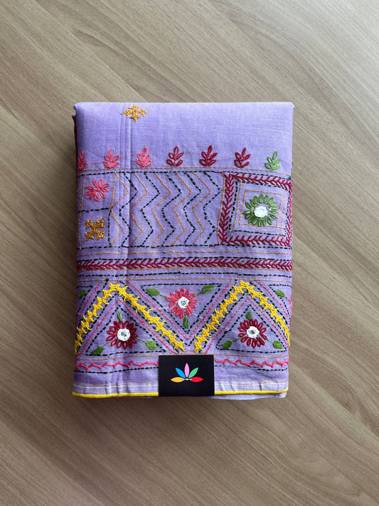 Hand Embroidered Lambani Cotton Silk Saree Without Border-20430