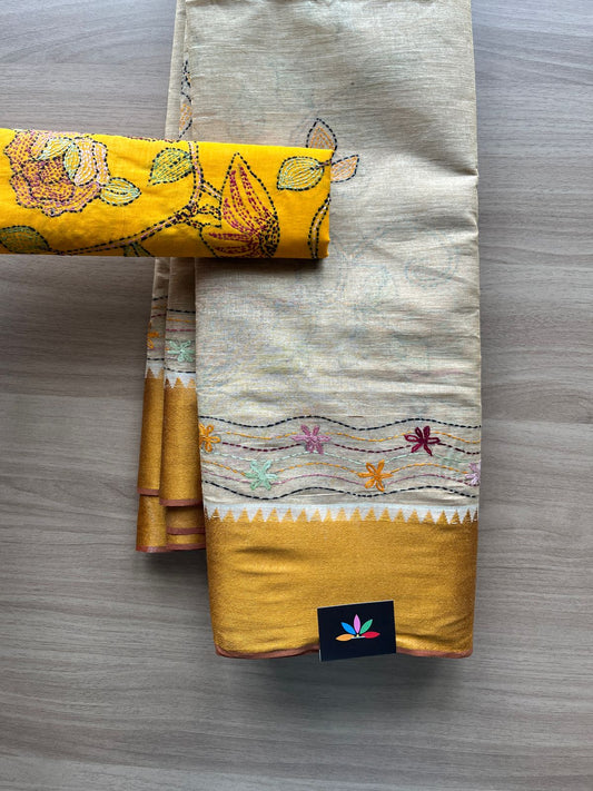 Hand Embroidered Lambani Cotton Silk Saree With Border-20431