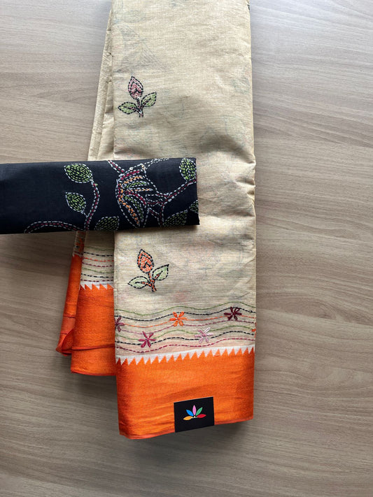 Hand Embroidered Lambani Cotton Silk Saree With Border-20432