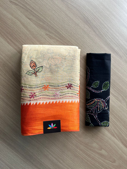 Hand Embroidered Lambani Cotton Silk Saree With Border-20432