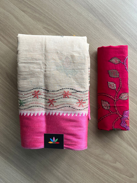 Hand Embroidered Lambani Cotton Silk Saree With Border-20434