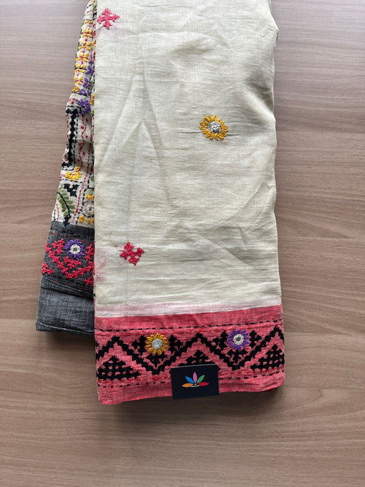 Hand Embroidered Gujarati Stitch Cotton Silk Saree With Border-20436