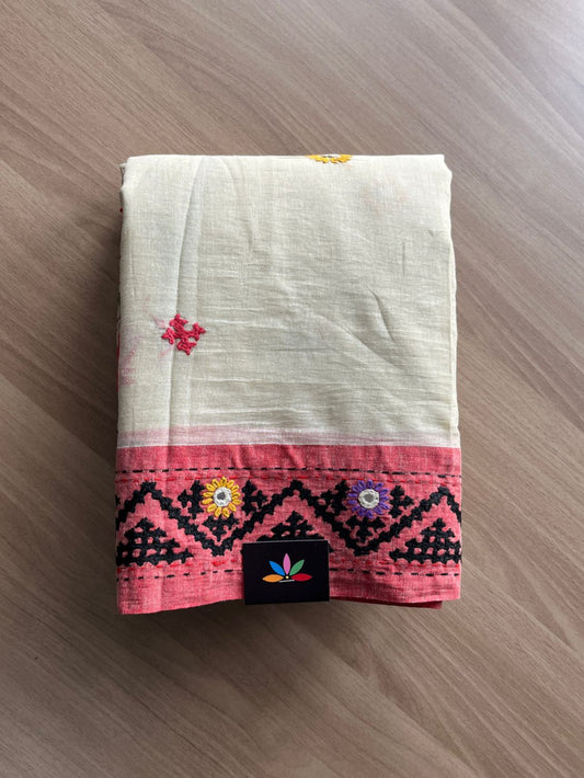 Hand Embroidered Gujarati Stitch Cotton Silk Saree With Border-20436