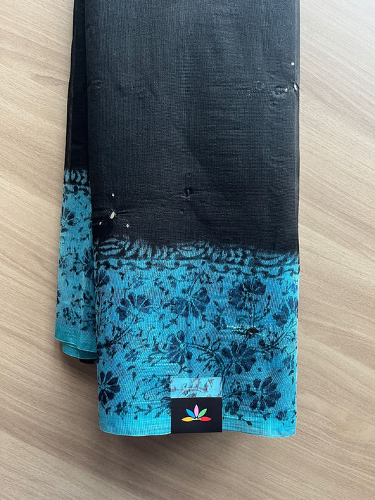 Block Printed Supernet Saree with Mirror Work - 20579