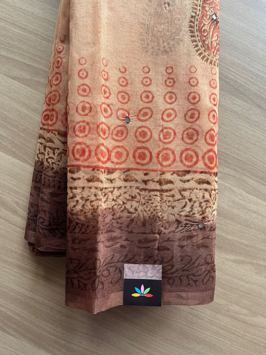 Block Printed Supernet Saree with Mirror Work - 20580