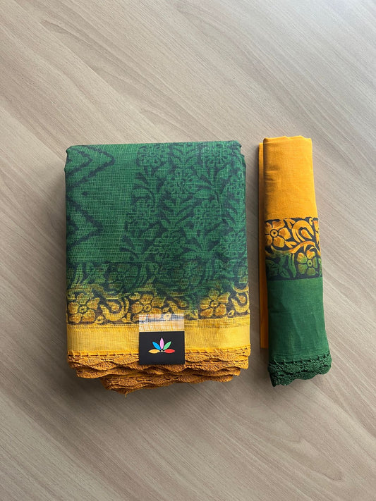 Block Printed Crochet Border Kota Cotton Saree - 20615