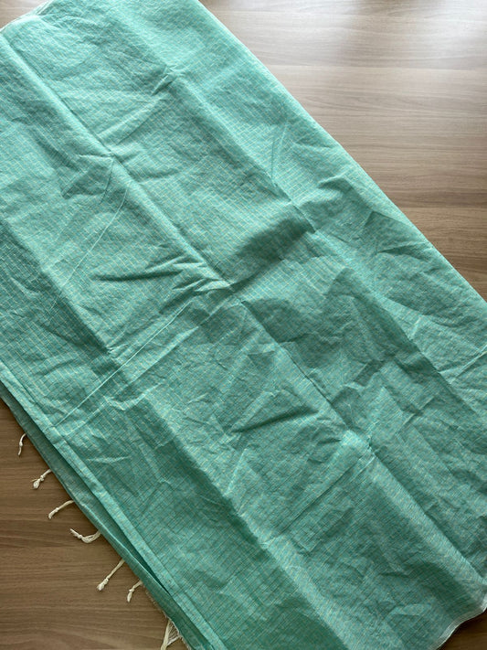 Middle Blue Green Simple Zari Checks Cotton Starched Saree (Without blouse) - 36325-36326