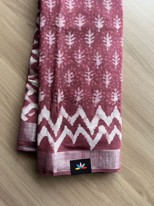 Handblock Printed Linen Cotton Saree -21187-21188