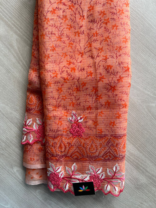 Pastel Orange Printed Cutwork Border Embroidered Kota Saree -31022