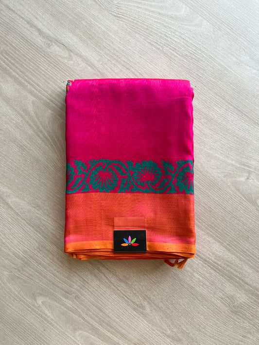 Designer Half And Half Handblock Printed Silk Cotton Saree With Tissue Pallu-2205