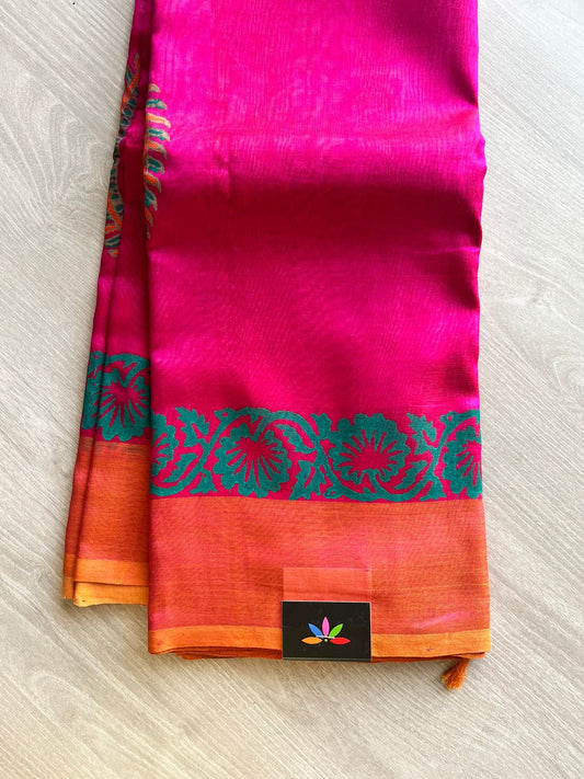 Designer Half And Half Handblock Printed Silk Cotton Saree With Tissue Pallu-2205