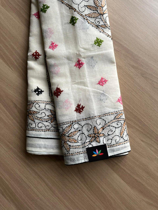 Gujarati Stitch with Kantha Stitch Cotton Saree -22193