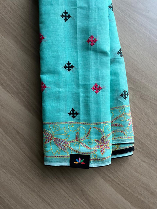 Gujarati Stitch with Kantha Stitch Cotton Saree -22194