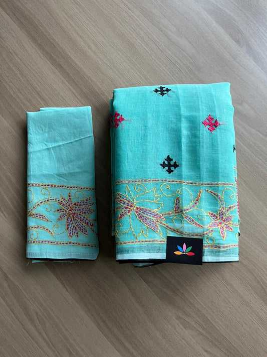 Gujarati Stitch with Kantha Stitch Cotton Saree -22194