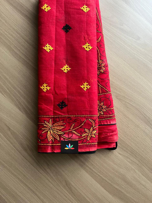 Gujarati Stitch with Kantha Stitch Cotton Saree -22195