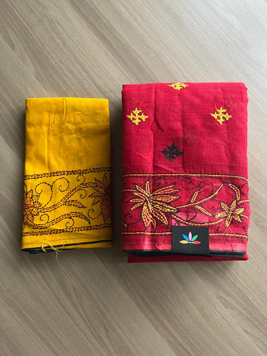 Gujarati Stitch with Kantha Stitch Cotton Saree -22195