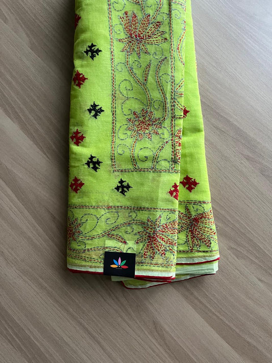 Gujarati Stitch with Kantha Stitch Cotton Saree -22196