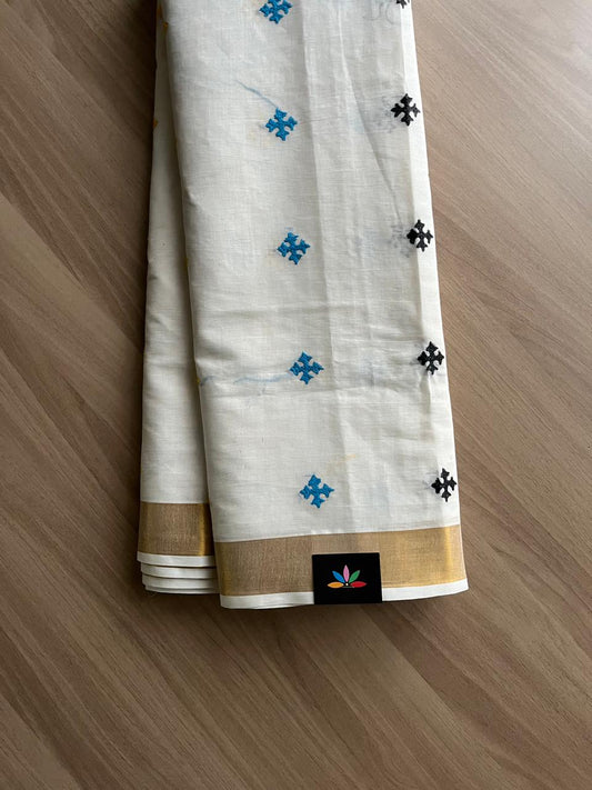 Gujarati Stitch with Kantha Stitch Kerala Cotton Saree  -22201