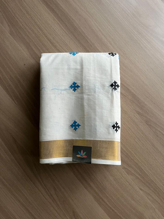Gujarati Stitch with Kantha Stitch Kerala Cotton Saree  -22201