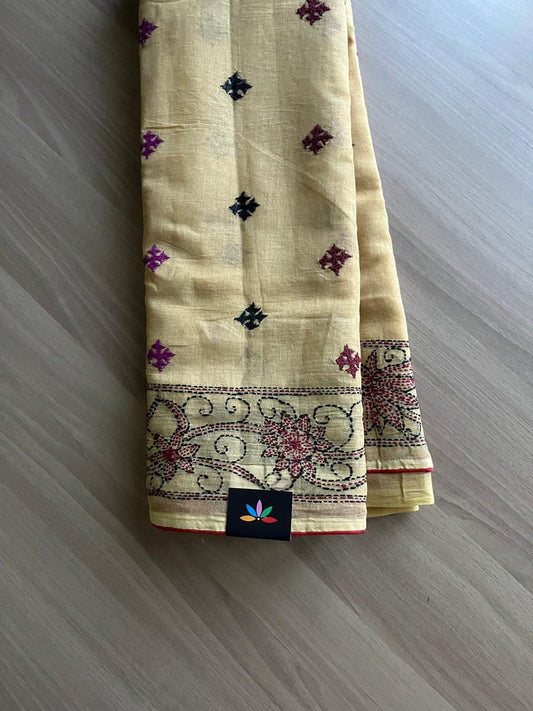 Gujarati Stitch with Kantha Stitch Cotton Saree -22198