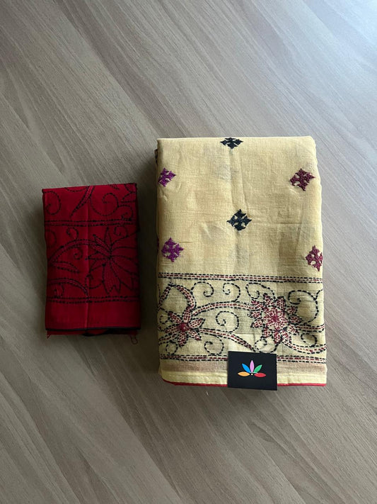 Gujarati Stitch with Kantha Stitch Cotton Saree -22198